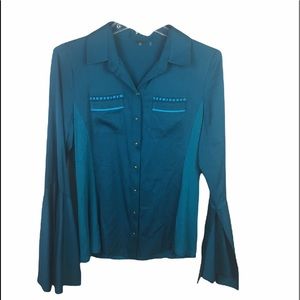 Elie Tahari blue silk bell sleeves snap blouse